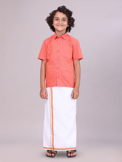 Boys Matching Dark Pink Half Sleeves Shirt with Flexi Dhoti Combo