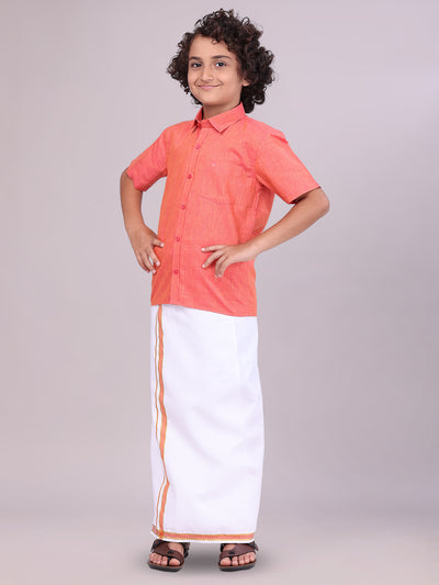Boys Matching Dark Pink Half Sleeves Shirt with Flexi Dhoti Combo front pose