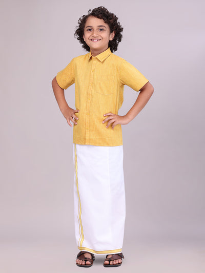 Boys Matching Yellow Half Sleeves Shirt with Flexi Dhoti Combo side pose