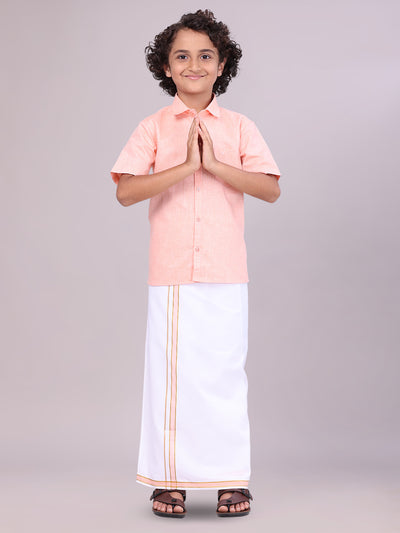 Boys Matching Peach Half Sleeves Shirt with Flexi Dhoti Combo