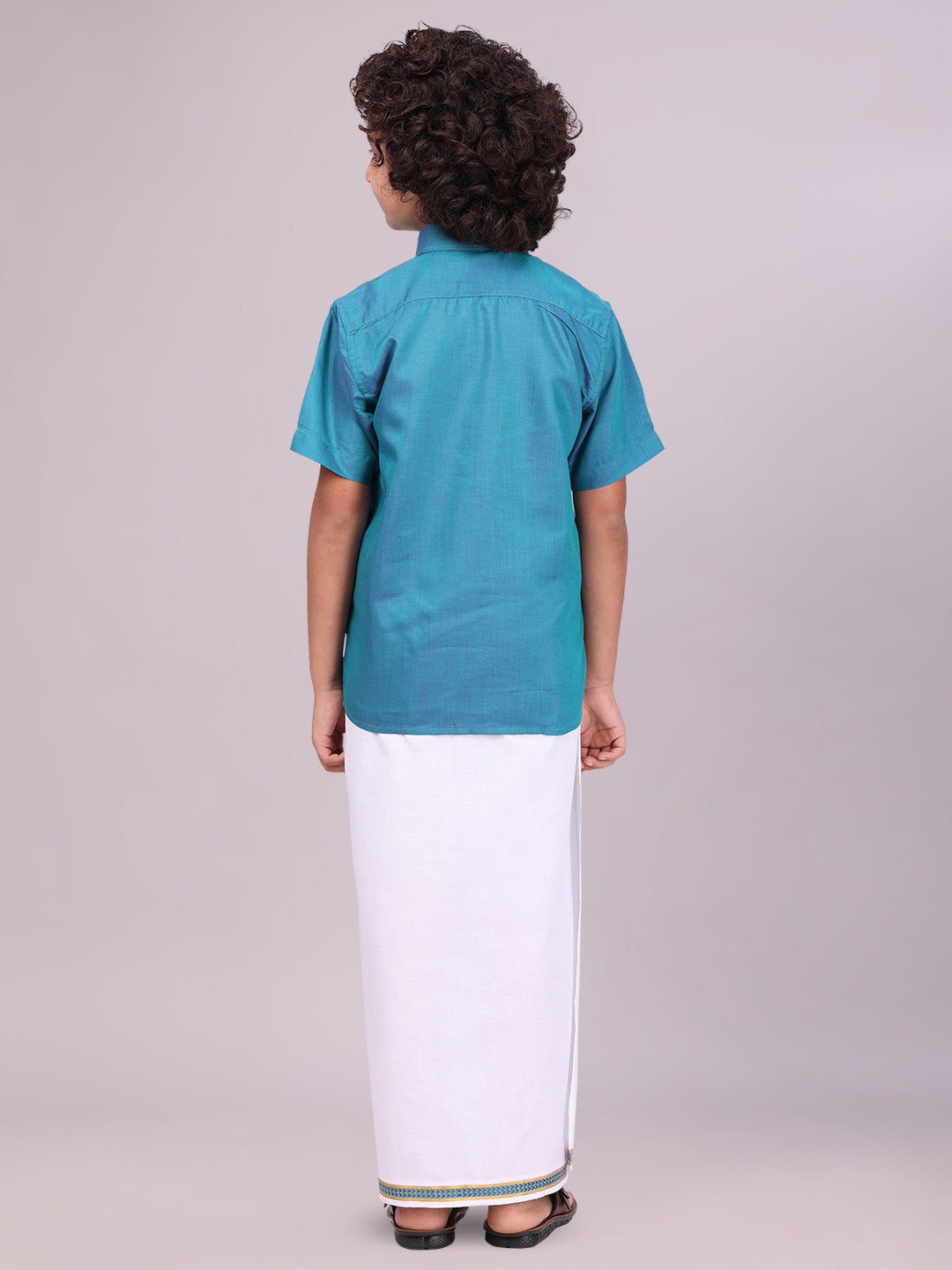 Boys Teal Matching Half Sleeves Shirt with Fancy Flexi Dhoti Combo back pose
