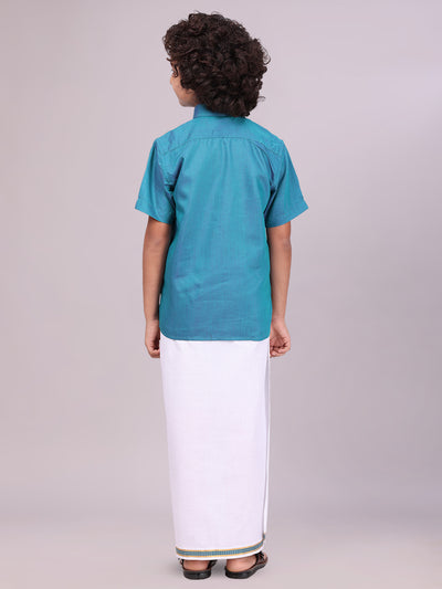 Boys Teal Matching Half Sleeves Shirt with Fancy Flexi Dhoti Combo back pose