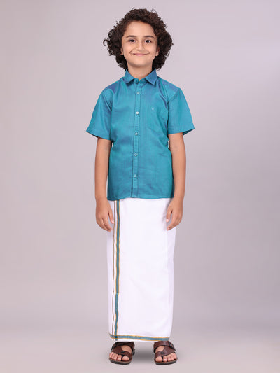 Boys Teal Matching Half Sleeves Shirt with Fancy Flexi Dhoti Combo