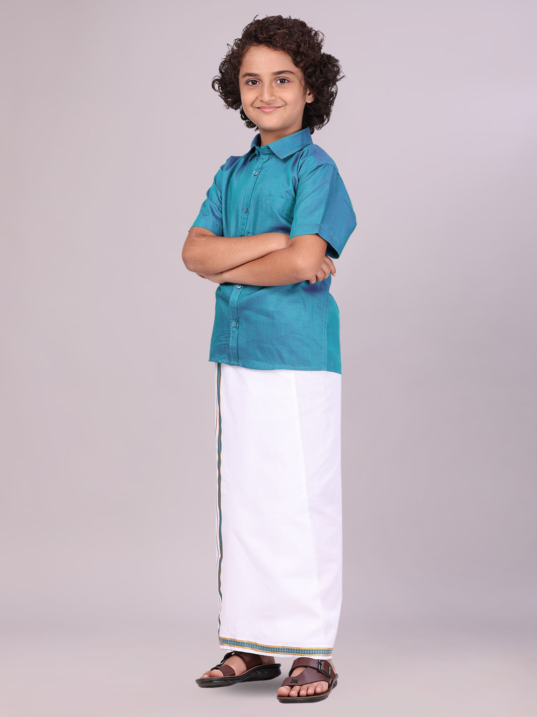 Boys Teal Matching Half Sleeves Shirt with Fancy Flexi Dhoti Combo side pose
