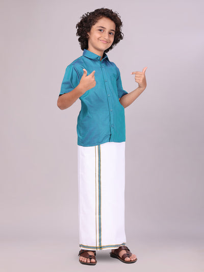 Boys Teal Matching Half Sleeves Shirt with Fancy Flexi Dhoti Combo side pose