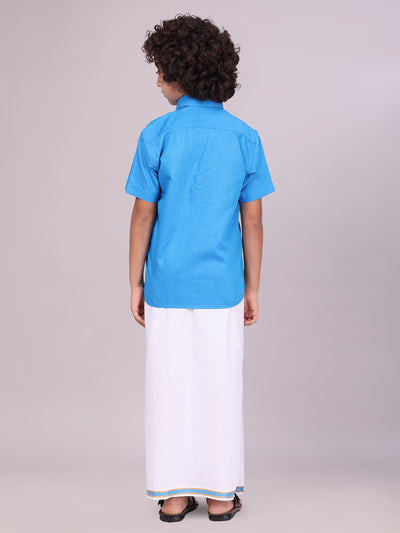 Boys Blue Matching Half Sleeves Shirt with Fancy Flexi Dhoti Combo back pose