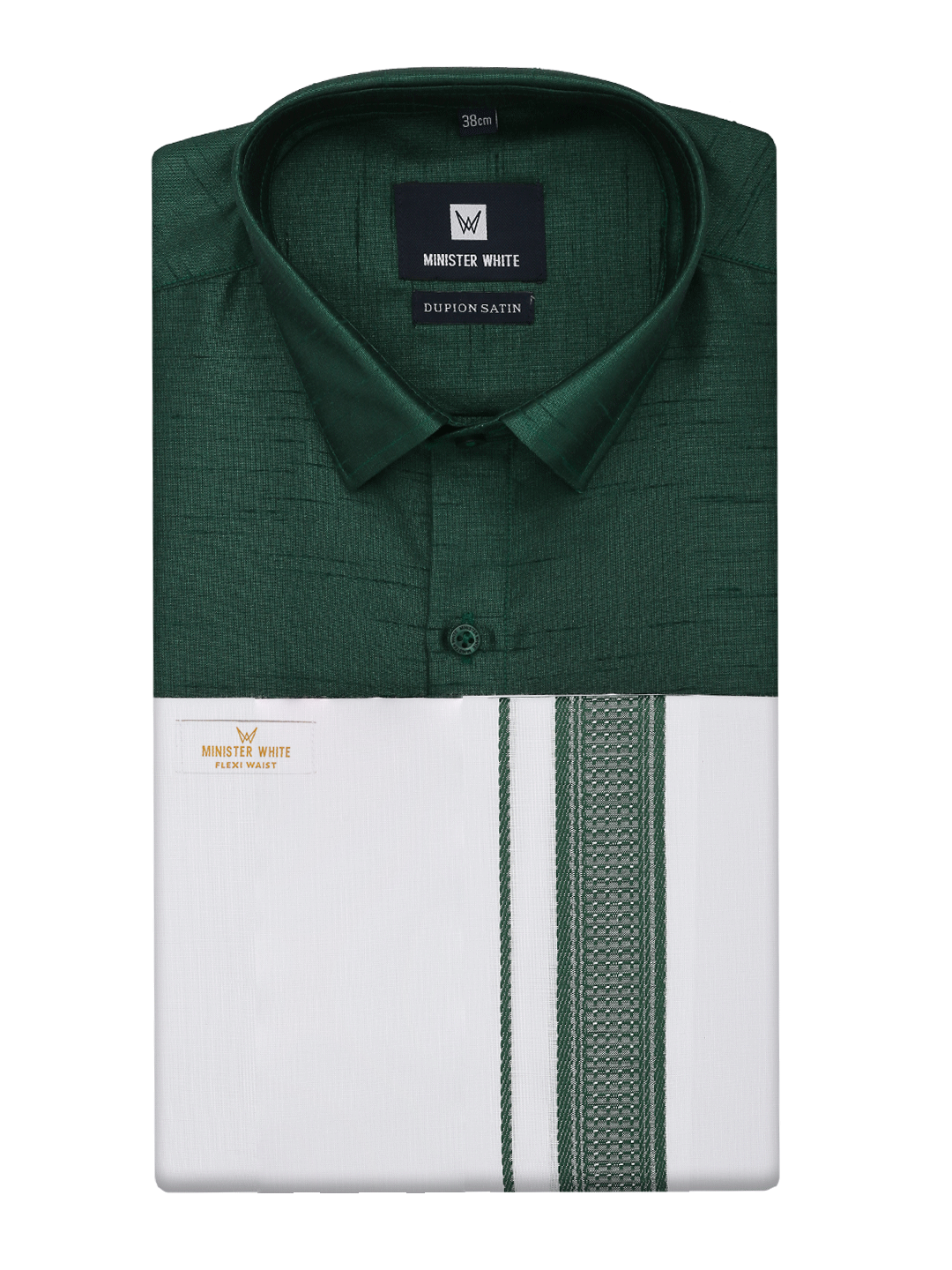 Mens Green Dupion Satin Color Shirt with Matching Border Flexi Dhoti Combo Gora Flexi