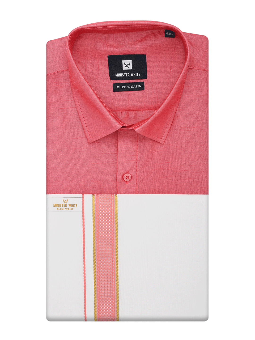 Mens Coral Pink Dupion Satin Color Shirt with Matching Border Flexi Dhoti Combo Gora Flexi
