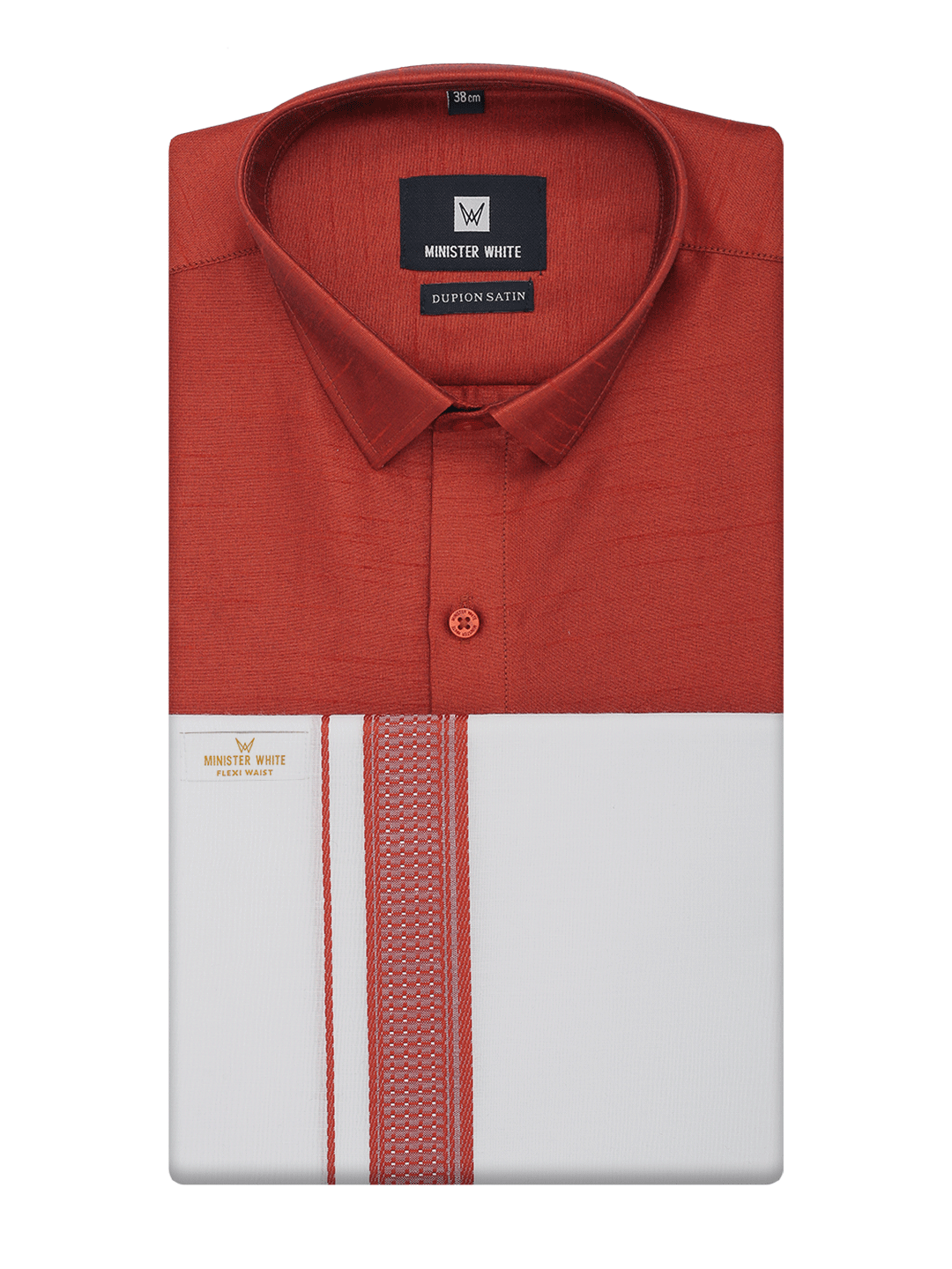 Mens Brick Red Dupion Satin Color Shirt with Matching Border Flexi Dhoti Combo Gora Flexi