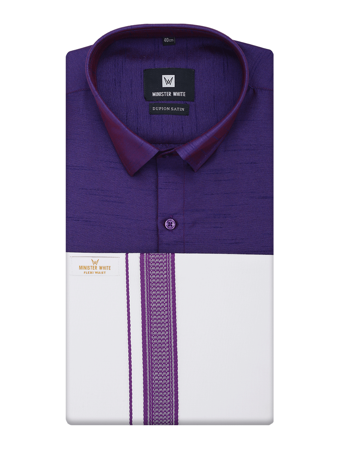 Mens Violet Dupion Satin Color Shirt with Matching Border Flexi Dhoti Combo Gora Flexi