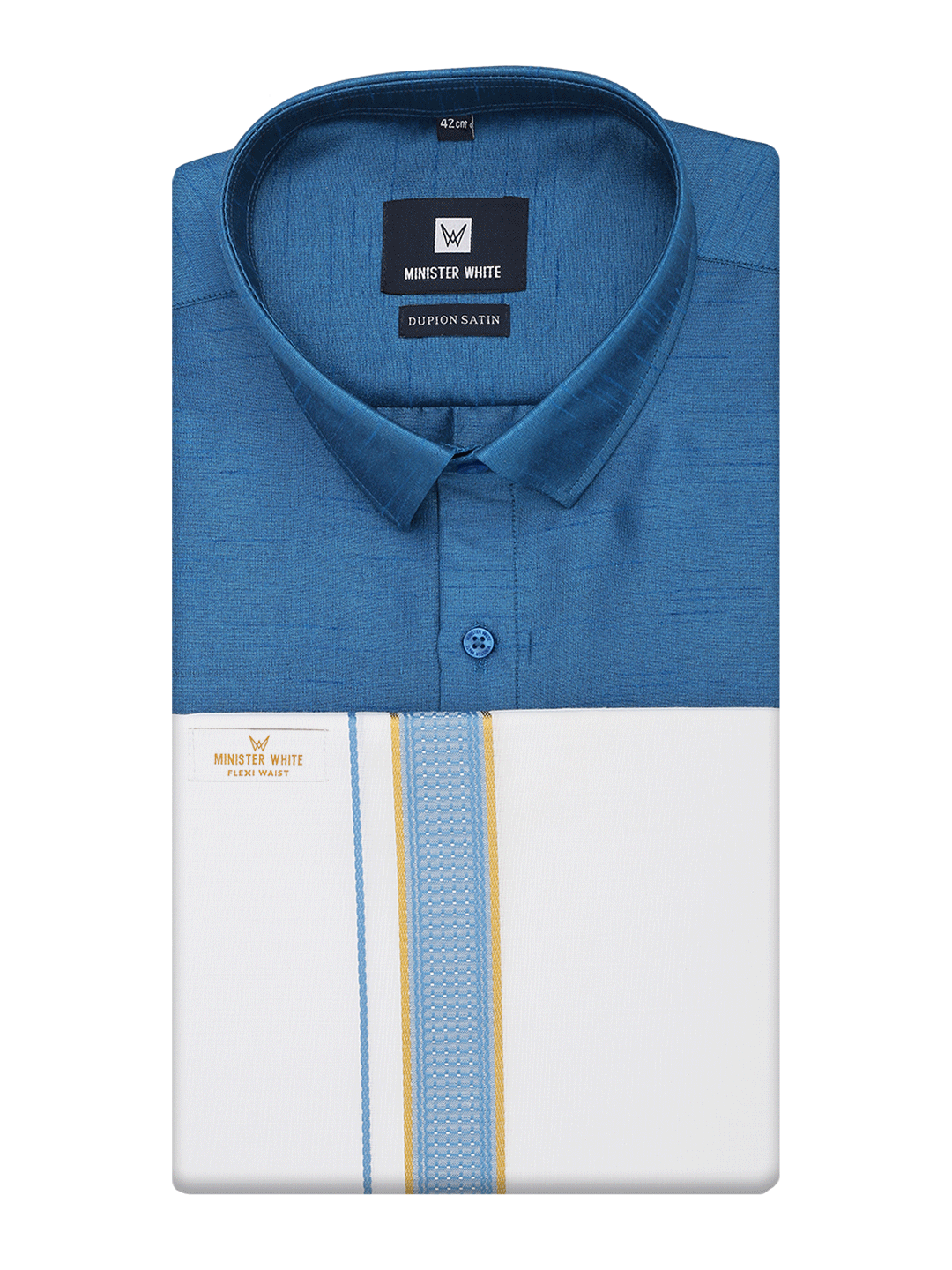 Mens Ramar Blue Dupion Satin Color Shirt with Matching Border Flexi Dhoti Combo Gora Flexi