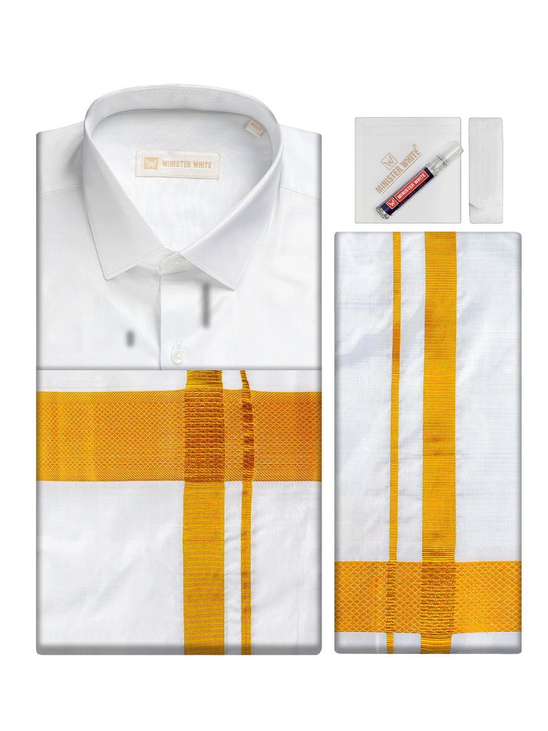 Men's Pure Silk Wedding White Shirt, Dhoti, Nerial with Belt Combo - Nesam 100K