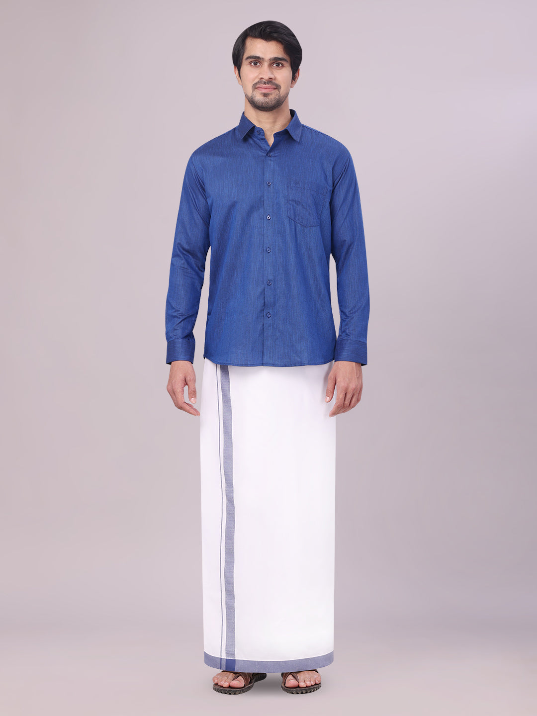 Men's Dark Blue Colour Shirt with Matching Fancy Border Dhoti Combo Lemax