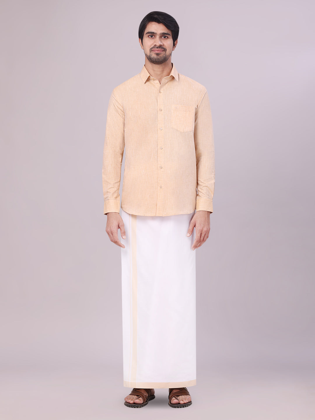 Men's Light Sandal Colour Shirt with Matching Fancy Border Dhoti Combo Lemax