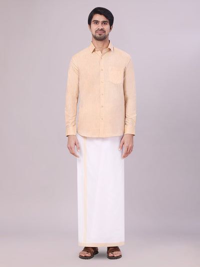 Men's Light Sandal Colour Shirt with Matching Fancy Border Dhoti Combo Lemax