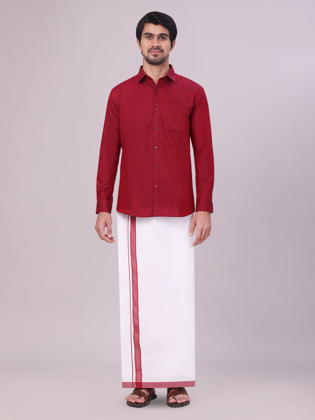Men's Maroon Colour Shirt with Matching Fancy Border Dhoti Combo Lemax