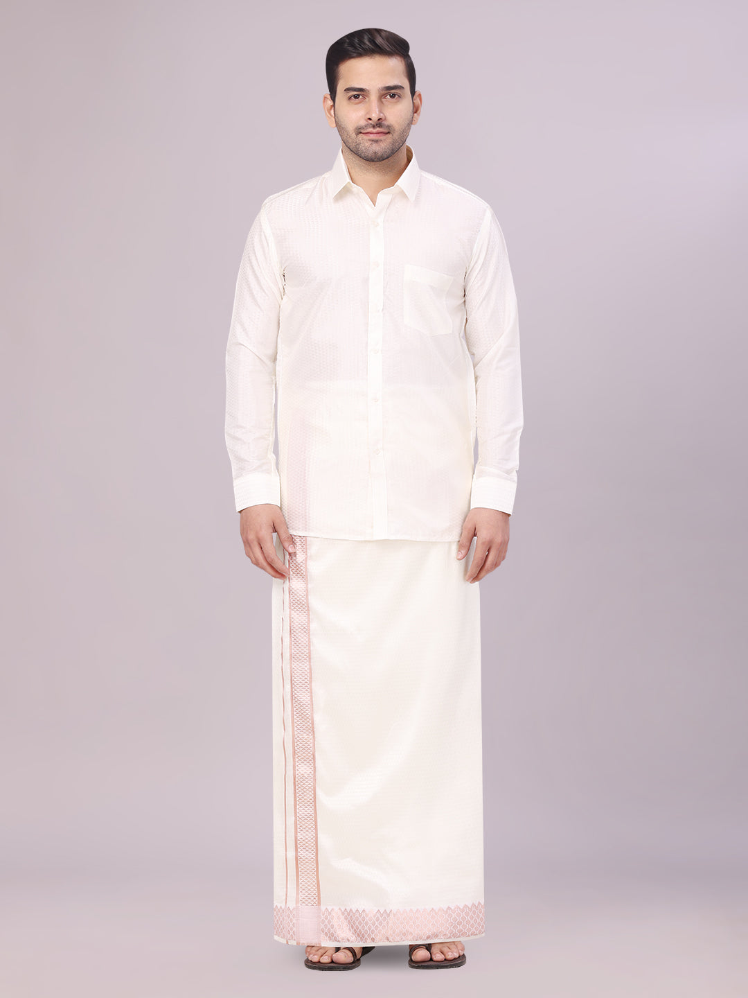Men's Art Silk Cream Jacquard Full Sleeves Shirt with 2 1/2" Copper Jari Border & Towel Dhoti Combo Nautica