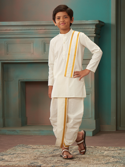 Boys Cotton Cream Kurta Readymade Panchakacham Combo with Gold Jari Border Champak by Minister White