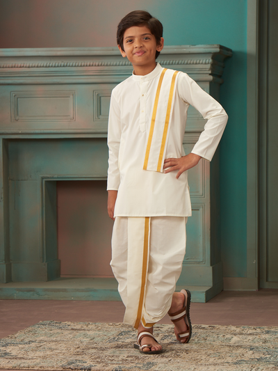 Boys Cotton Cream Kurta Readymade Panchakacham Towel Combo with Gold Jari Border Champak