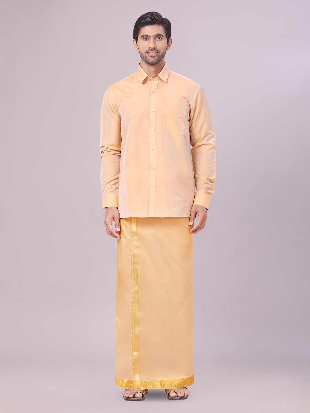 Mens Art Silk Dark Gold Full Sleeves Shirt with Gold Jari Border Flexi Dhoti Combo Finesse