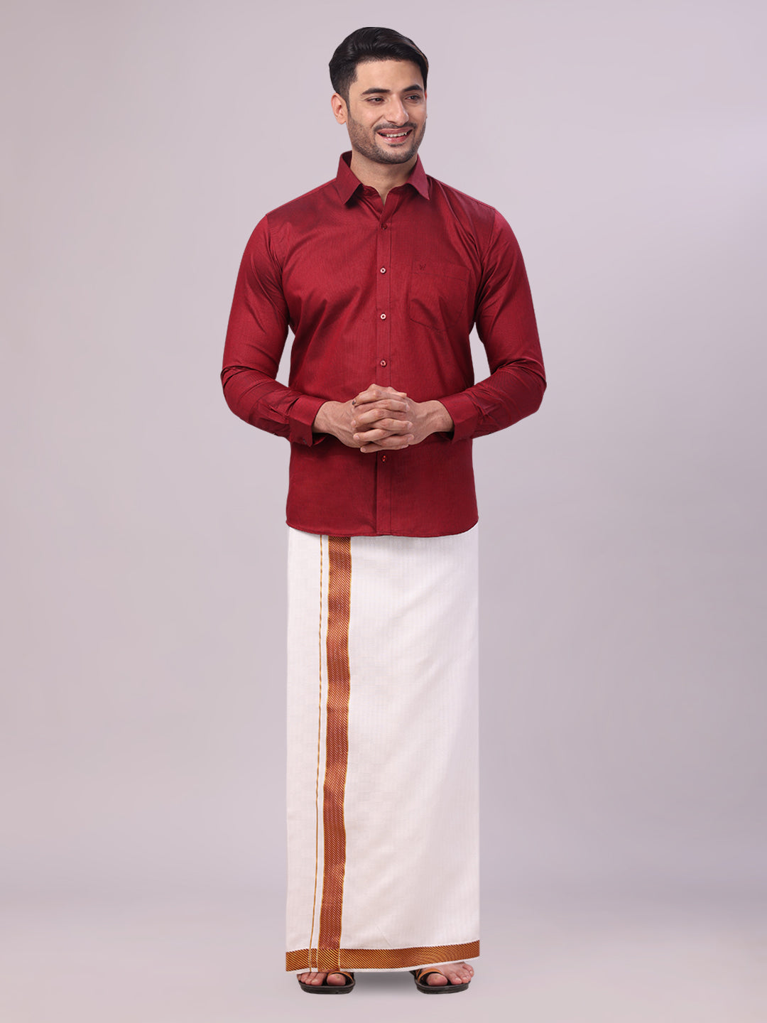 Men's Cotton Maroon Shirt and Airtex Matching Border Dhoti Combo Nector