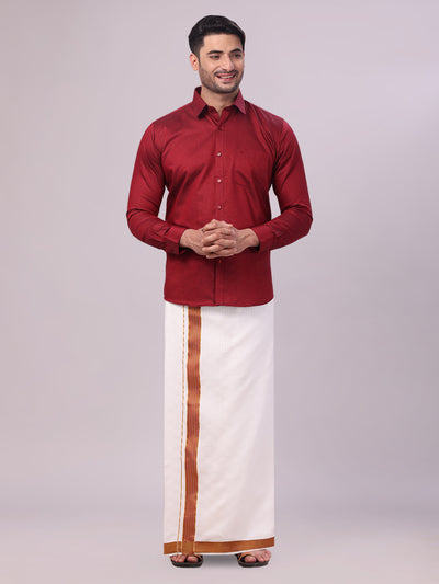Men's Cotton Maroon Shirt and Airtex Matching Border Dhoti Combo Nector