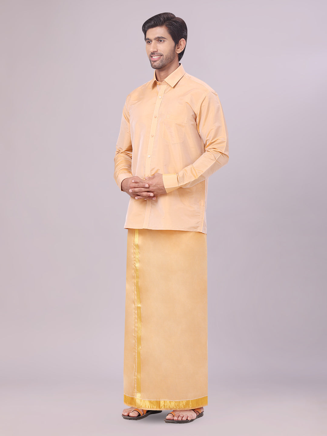Men's Art Silk Dark Gold Full Sleeves Shirt with Gold Jari Border Dhoti Combo Finesse side pose