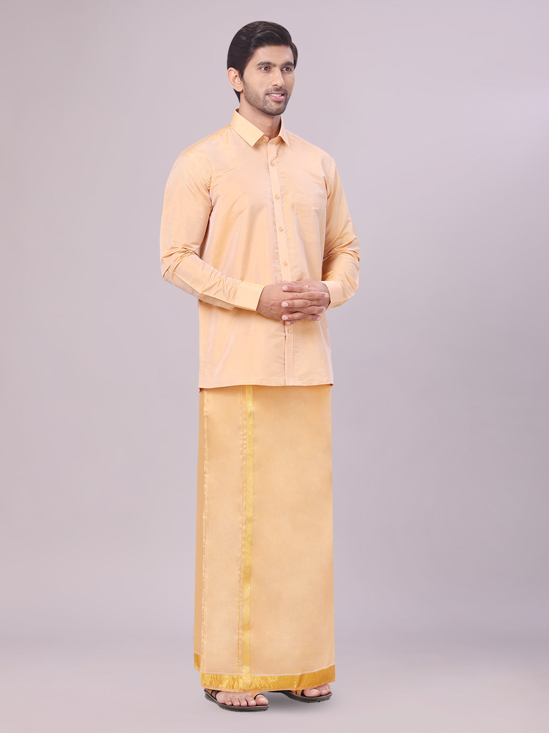 Men's Art Silk Dark Gold Full Sleeves Shirt with Gold Jari Border Dhoti Combo Finesse side pose