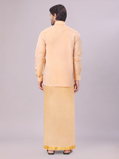 Men's Art Silk Dark Gold Full Sleeves Shirt with Gold Jari Border Dhoti Combo Finesse back pose