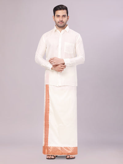 Men's Art Silk Cream Full Sleeves Shirt with 4" Copper Jari Border Dhoti Combo Neogen