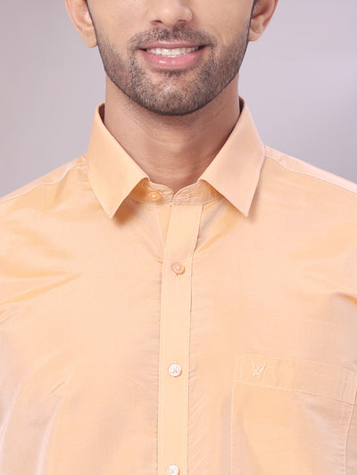 Mens Art Silk Dark Gold Full Sleeves Shirt with Gold Jari Border Flexi Dhoti Combo Finesse