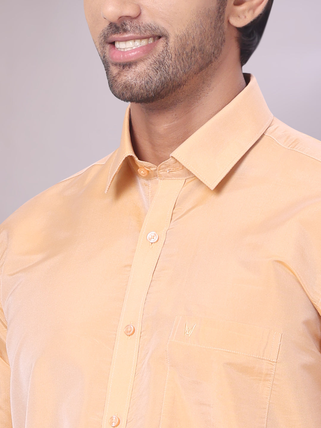 Mens Art Silk Dark Gold Full Sleeves Shirt with Gold Jari Border Flexi Dhoti Combo Finesse