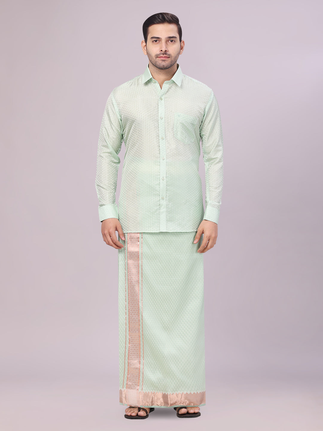 Men's Art Silk Pista Full Sleeves Shirt with 2 1/2" Copper Jari Border Dhoti Combo Neogen