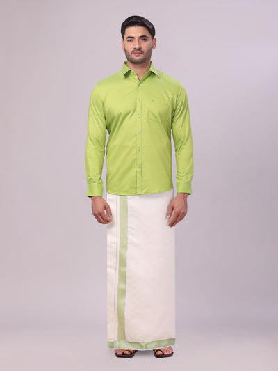 Men's Cotton Parrot Green Shirt and Airtex Matching Border Dhoti Combo Nector