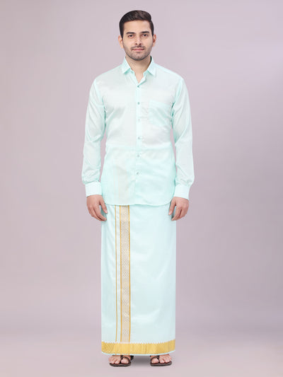 Men's Art Silk Mint Gold Jacquard Full Sleeves Shirt with 2 1/2"  Jari Border & Towel Dhoti Combo Nautica