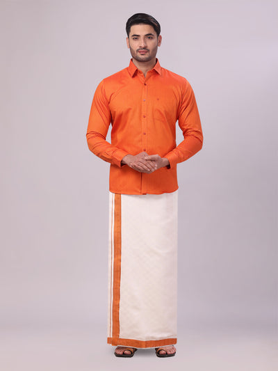 Men's Cotton Brick Shirt and Airtex Matching Border Dhoti Combo Nector