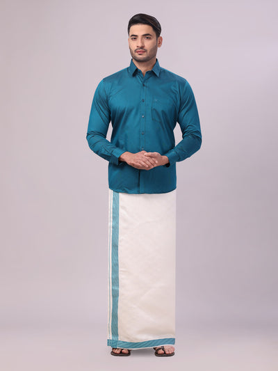 Men's Cotton Steel Blue Shirt and Airtex Matching Border Dhoti Combo Nector