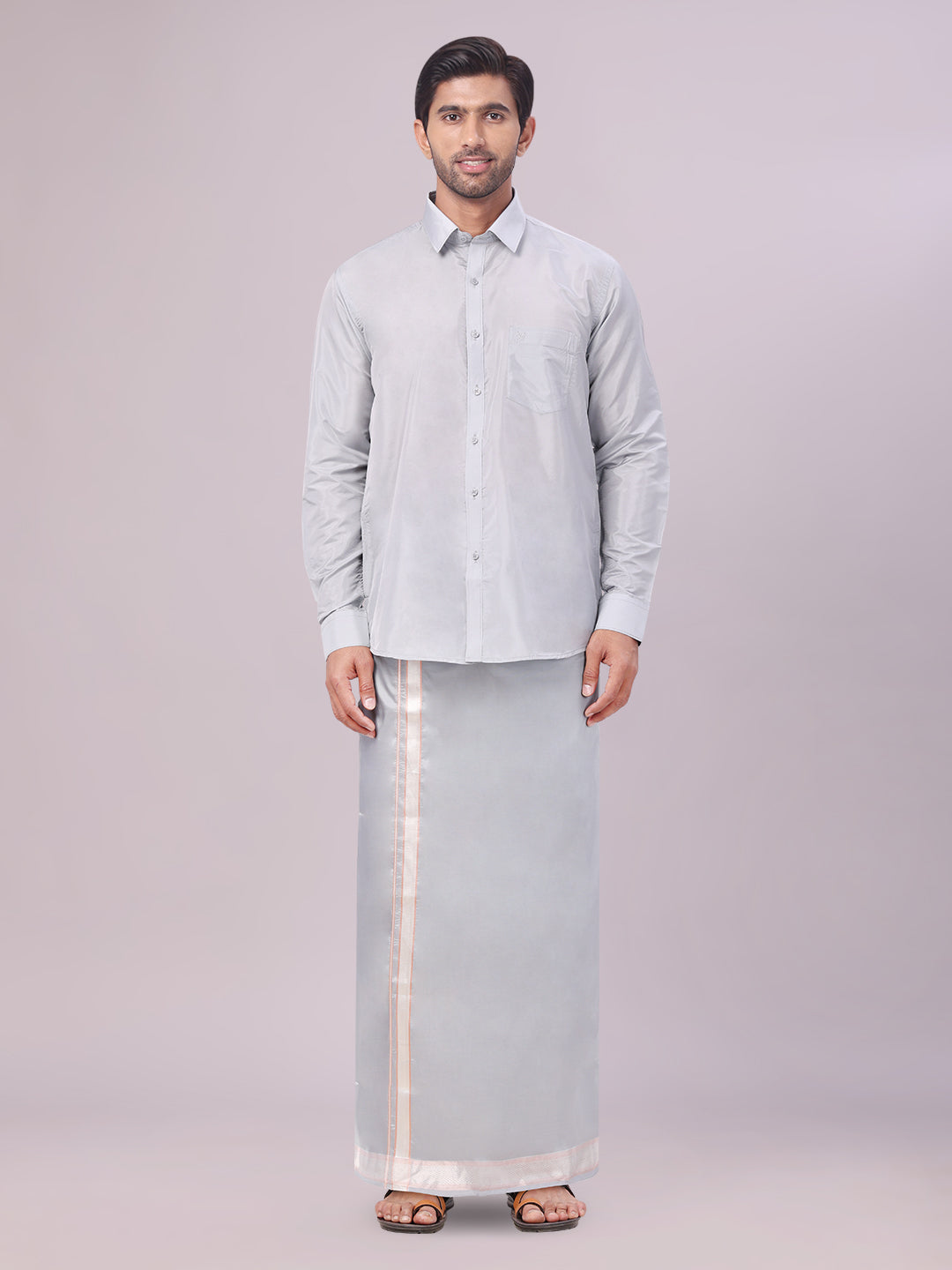 Men's Art Silk Steel Grey Full Sleeves Shirt with Silver Jari Border Dhoti Combo Finesse