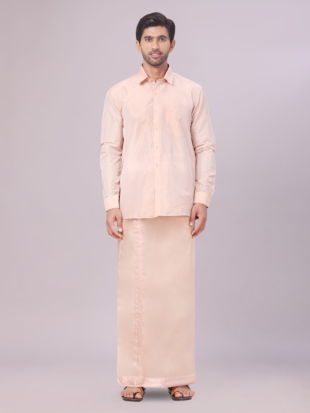 Men's Art Silk Light Copper Full Sleeves Shirt with Copper Jari Border Dhoti Combo Finesse