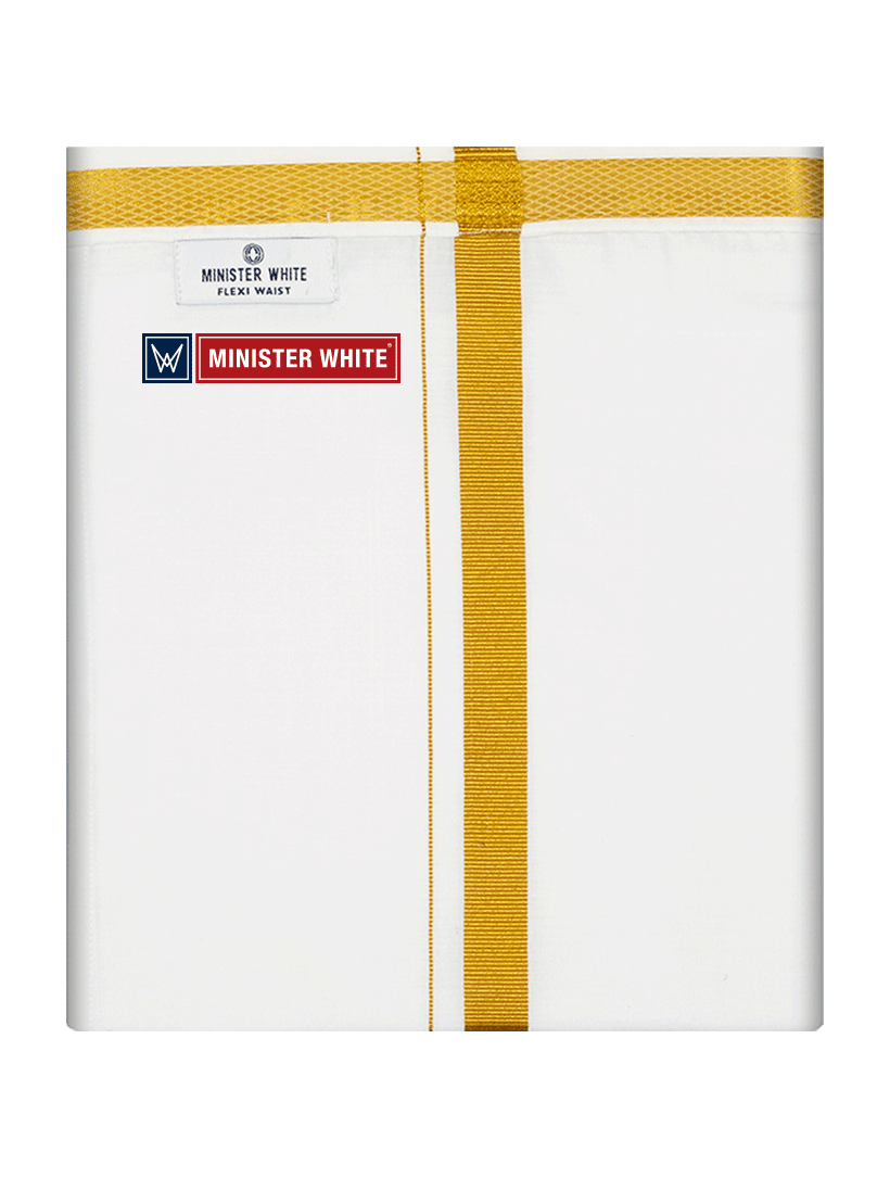Mens Cotton White Double Layered with Gold Jari Velcro Pocket Dhoti - Energy