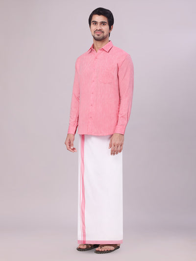 Pink Colour Cotton Shirt with Matching Border Dhoti Combo for men side pose