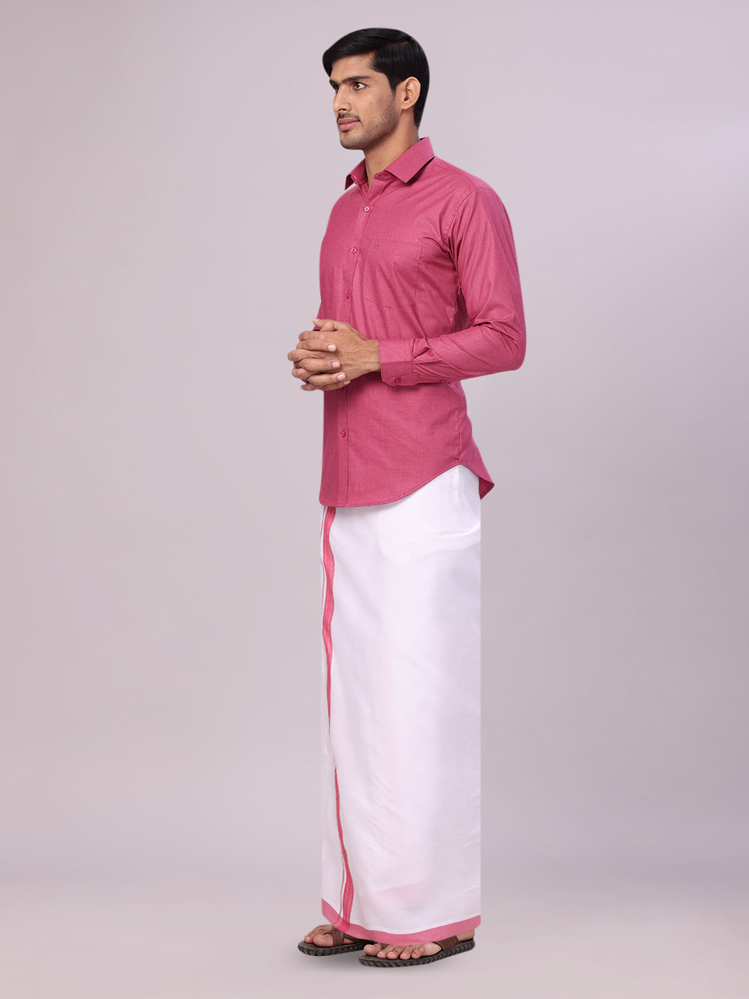 Men's Pink Shirt with Matching Border Flexi Dhoti Combo Casper Flexi side pose