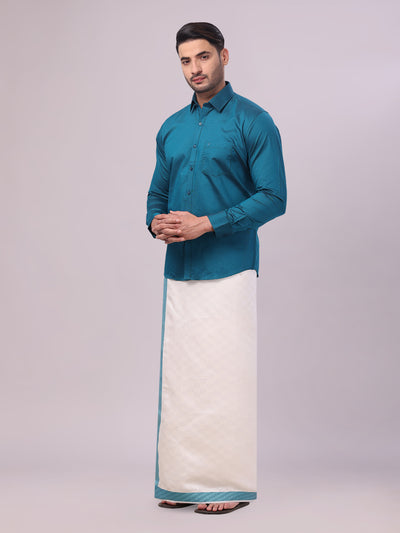 Men's Cotton Steel Blue Shirt and Airtex Matching Border Dhoti Combo Nector side pose