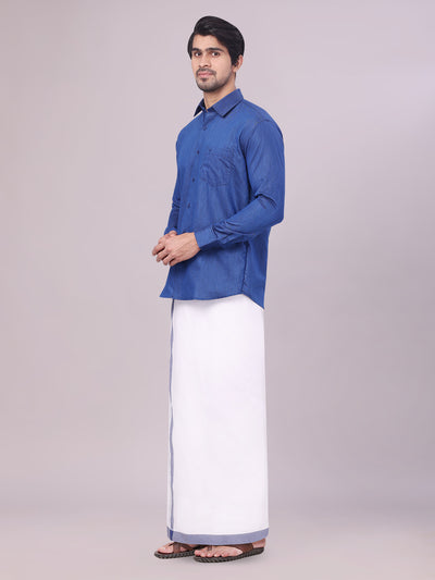 Dark Blue Colour Cotton Shirt with Matching Border Dhoti Combo for men side pose