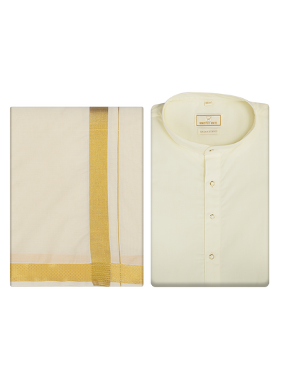 Mens Cotton Cream Kurta with 1 1/2" Gold Jari Panchakacham Angavastram Combo