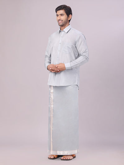 Men's Art Silk Steel Grey Full Sleeves Shirt with Silver Jari Border Dhoti Combo Finesse side pose