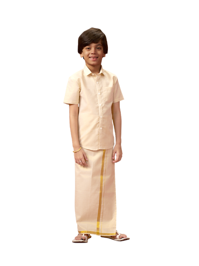 Junior Senior Gold Colour Tissue Shirt with Jari Dhoti Combo