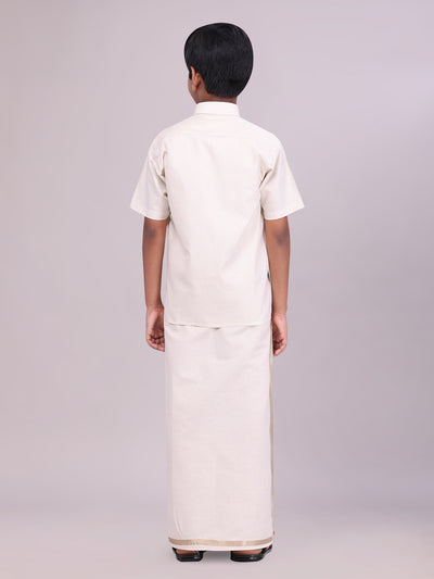 Boys Tissue Beige Colour Shirt with Dhoti Combo back pose