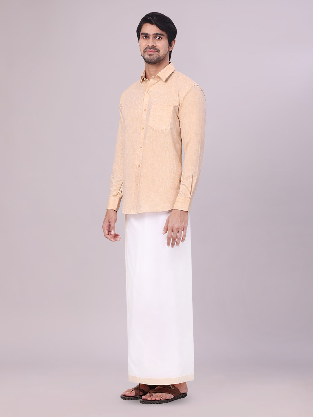 Father Light Sandal Men Shirt Dhoti Set Combo side pose