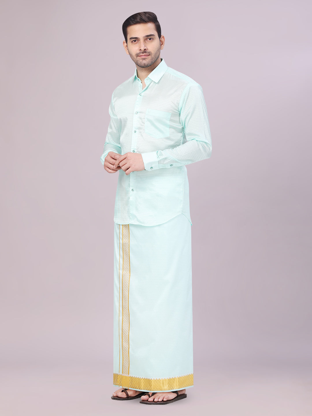 Men's Art Silk Mint Gold Jacquard Full Sleeves Shirt with 2 1/2"  Jari Border & Towel Dhoti Combo Nautica